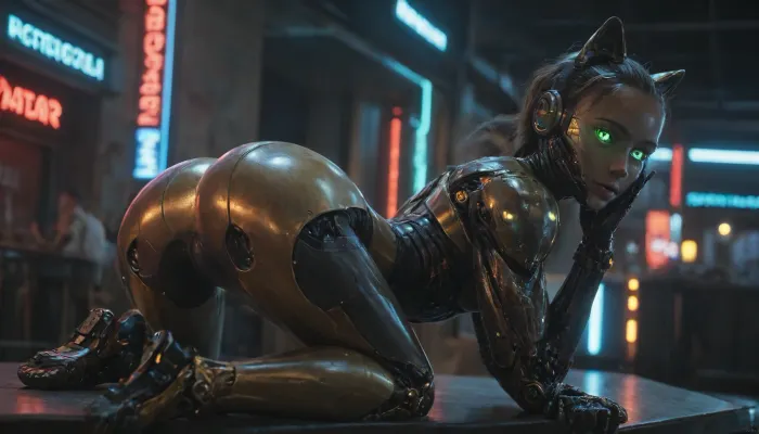 gold and black robotic catgirl, (robotic face:1.4), (smooth metalic skin:1.5), (robotic body:1.7), (glowing green eyes:1.6), cyber bar, neon lights, (she is getting her ass rim by a guy)