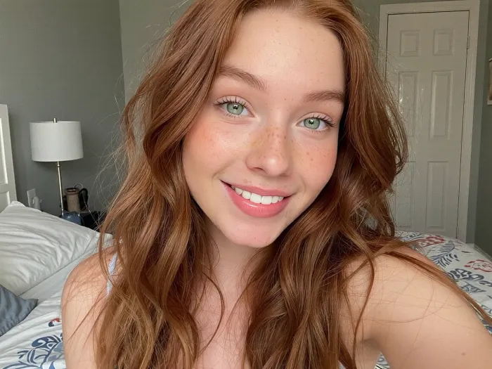 selfie photo. one woman in photo.

adorable 20 year old ginger with long wavy messy hair, freckles, huge green eyes, smiling, taking selfie.

Bedroom, daytime, amateur photo