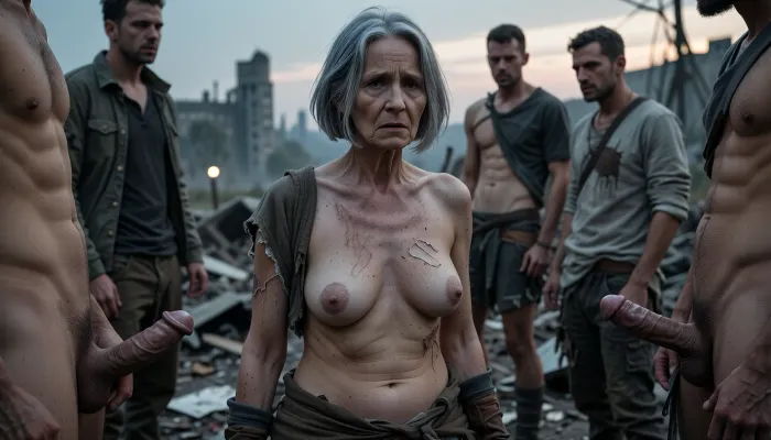 A full-body view at a distance of 4 meters. In a post-apocalyptic setting, a 70-year-old woman stands amidst a scene of decay. Her clothes are torn, revealing her breasts and shaved vulva. She has a bob haircut. Her hair is gray. She appears deeply affected by the scene before her., (Mature woman, 70 years old:1.8), . She has the skin of a 70-year-old woman. Her gray hair is cut in a bob. Her face changes with each new image., (Small, long, sagging breasts:1.8), ., (Highly detailed skin), detailed skin texture, aged and wrinkled body, sagging skin, sagging breasts, small soft belly, and shaved pubic area. Gray hair cut in a bob. Around her, men, also in rags, some with erections and others with flaccid penises, watch the woman masturbate. The atmosphere is rather gloomy. The light is twilight.