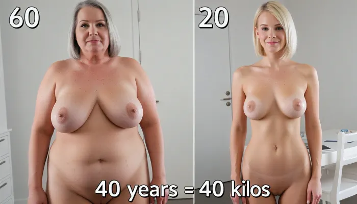 (2Split screens, 2split views), (same woman, same pose, same angle), (((first screen, "60", old woman, chubby face, mega wide hips, (SSBBW:1.8), incredible fat, plus-size, obesity, baggy tits, empty tits, double chin, worn out body))), (((second screen, "20", young woman, nice tits, slim, flat belly))), fully naked, short blond hair, (full body view), caption at the bottom over the whole wide, "40 years = 40 kilos"