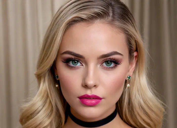 flawless glistening oiled honey-toned synthetic skin, beautiful face, sharp high cheekbones, sharp jawline, pointed chin, emerald green eyes, long voluminous black eyelashes, sharp winged black eyeliner, well-defined medium-thick dark eyebrows, full plump lips, glossy wet-look hot pink lipstick, long straight blonde hair, hoop earrings, choker, seductive expression, lips slightly parted