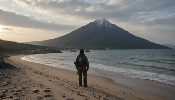 each color is solid and separated from the other by a thin line of a darker shade, bright yellow sand beach with the dunes which contours outlined by dark brown lines in the foreground flows into the soft shapes of the high mountains in the background, their contours outlined by dark grey lines, sky is dark blue, turning into purple in the distance, with red reflections over the mountains, it must be evening, aquamarine of the reservoir complete width of the field of view separates the beach from the mountains on the horizon, lonely small figure of a human in bright silver metal spacesuit with black face shield stands in foreground on the beach, lonely trail of footprints stretches across the sand from the human to the edge of the image, the human moves away from the viewer, visible from the back or from aside, laconism and graphics in the drawing of landscape evoke poster in constructivism style and enhance the dramatic effect, is enhanced by the light, which gives almost no shadows, the image is a symbol of loneliness and lostness in space