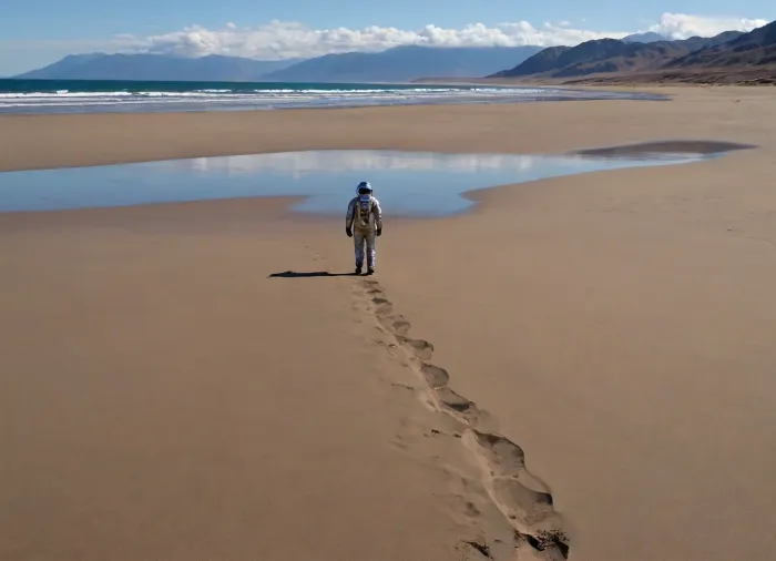 each color is solid and separated from the other by a thin line of a darker shade, bright yellow sand beach with the dunes which contours outlined by dark brown lines in the foreground flows into the soft shapes of the high mountains in the background, their contours outlined by dark grey lines, sky is dark blue, turning into purple in the distance, with red reflections over the mountains, it must be evening, aquamarine of the reservoir complete width of the field of view separates the beach from the mountains on the horizon, lonely small figure of a human in bright silver metal spacesuit with black face shield stands in foreground on the beach, a trail of footprints stretches across the sand from the human to the edge of the image, laconism and graphicity in the drawing of landscape evoke poster in constructivism style and enhance the dramatic effect, is enhanced by the light, which gives almost no shadows, the image is a symbol of loneliness and lostness in space