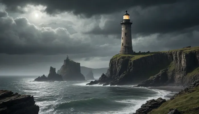 Ancient, weather-beaten lighthouse standing on desolate cliffs in a fantasy post-apocalyptic world. The structure is half-ruined, with vines and moss clinging to its cracked stone surface. Jagged rocky outcrops surround the base, partially submerged in dark, storm-tossed waters.

A mysterious cloaked figure of a witch stands atop a distant cliff, her silhouette outlined against the ominous sky. Heavy rain falls across the landscape, merging with thick mist that clings to the rocks. The atmosphere is one of eerie solitude and ancient magic, with faint lightning illuminating the horizon.

The scene combines elements of dark fantasy and post-apocalyptic desolation, creating a mood of mystery and foreboding. Every surface shows signs of decay and age, with realistic textures of wet stone and decaying masonry. The lighting emphasizes the dramatic tension between darkness and the faint glow of the lighthouse remains.
