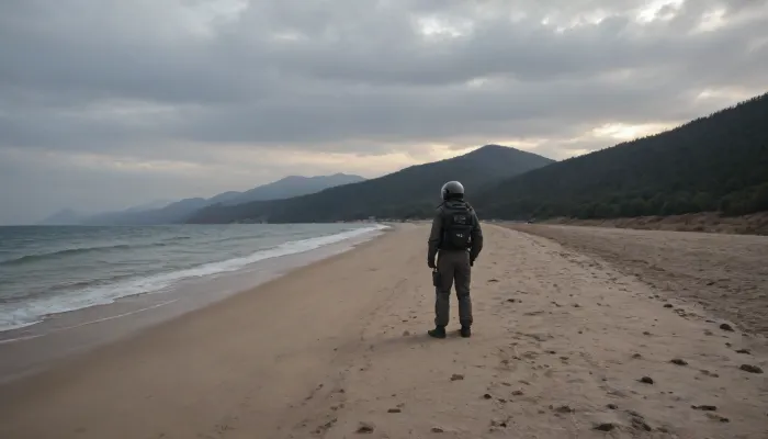 each color is solid and separated from the other by a thin line of a darker shade, bright yellow sand beach with the dunes which contours outlined by dark brown lines in the foreground flows into the soft shapes of the high mountains in the background, their contours outlined by dark grey lines, sky is dark blue, turning into purple in the distance, with red reflections over the mountains, it must be evening, aquamarine of the reservoir complete width of the field of view separates the beach from the mountains on the horizon, lonely small figure of a human in bright silver metal spacesuit with black face shield stands in foreground on the beach, lonely trail of footprints stretches across the sand from the human to the edge of the image, the human moves away from the viewer, visible from the back or from aside, laconism and graphics in the drawing of landscape evoke poster in constructivism style and enhance the dramatic effect, is enhanced by the light, which gives almost no shadows, the image is a symbol of loneliness and lostness in space