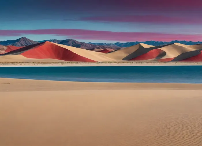 each color is solid and separated from the other by a thin line of a darker shade, bright yellow sand beach with the dunes which contours outlined by dark brown lines in the foreground flows into the soft shapes of the high mountains in the background, their contours outlined by dark grey lines, sky is dark blue, turning into purple in the distance, with red reflections over the mountains, it must be evening, aquamarine of the reservoir complete width of the field of view separates the beach from the mountains on the horizon, laconism and graphicity in the drawing of landscape evoke poster in constructivism style and enhance the dramatic effect, is enhanced by the light, which gives almost no shadows