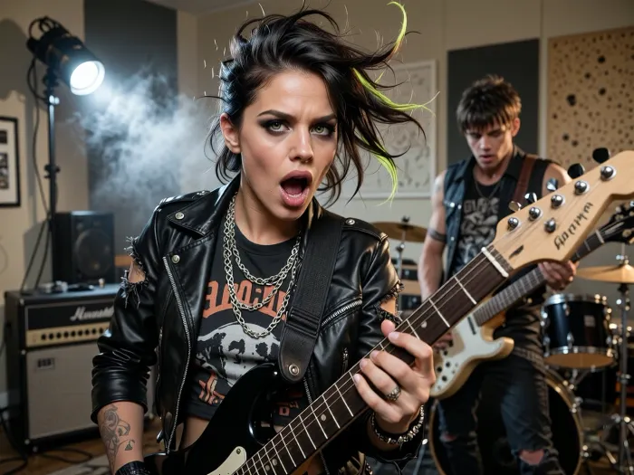 A A cinematic and dynamic shot capturing the rock singer and guitarist during an intense rehearsal in a rehearsal room as part of her preparations for a rock concert. She is captured in the thick of the rehearsal, brimming with unbridled rock energy, her facial expression radiates passionate emotion, her eyes are wide open and incredibly expressive, her eyebrows are furrowed, and her mouth is wide open as she plays the electric guitar. She has short, tousled blonde hair with a single green strand and realistic, fluffy cat ears on her head. Her edgy rock outfit consists of a leather waistcoat worn over a black T-shirt with the band’s logo and torn-off sleeves, a black leather choker with a metal ring and studs, several long silver chains, spiked bracelets on both wrists, rings on her fingers, tattoos on her arms, black leather trousers and a belt with rows of metal rivets.
In the background is a rehearsal studio with black acoustic panels on the walls, a bright spotlight, a guitar amplifier and a drum kit, another member of this all-female rock band, (the drummer), is partially visible, striking a dynamic pose, the atmosphere of preparation for a rock concert, photorealism, high level of detail, cinematic lighting and sharp focus — a true masterpiece.