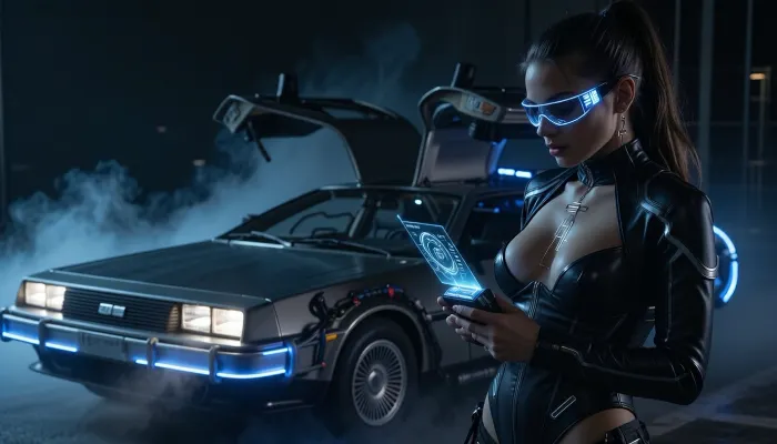 In a shadowy, cinematic night scene, a DeLorean time machine sits parked with its gull-wing doors open, entire DeLorean in frame, soft blue plasma glow and drifting mist around it, in foreground stands A stunning time traveler, wearing sexy sleek, futuristic streetwear, illuminated smart sunglasses with scrolling digital readouts, subtle circuitry jewelry. She checks a handheld temporal scanner, its holographic interface pulsing with light. Moody low-key lighting, deep shadows, rim light outlining her silhouette, volumetric fog, high contrast, 35mm cinematic lens, subtle film grain, ultra-detailed, masterpiece.