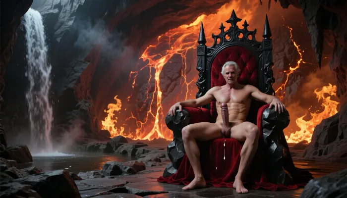 A massive, dark cavern resembling hell — Satan's throne room. The back wall glows with molten lava slowly flowing down its surface. The cave walls are engulfed in roaring flames, casting a fiery glow across the chamber. On the left side, a large waterfall pours into a small, steaming rock basin. In front of the glowing lava wall stands an enormous black throne made with stones and iron, upholstered with rich red velvet — Satan's throne. Satan sits on it, occupying only half the width of the seat. He is completely naked. he is 70 years old. His Penis is hard and big and dripping cum. He has a subtle, almost imperceptible smile on his face, and his arms are extended as if inviting the viewer into his embrace. The atmosphere is intense, infernal, and photorealistic, with dramatic lighting, shadows, and smoke."