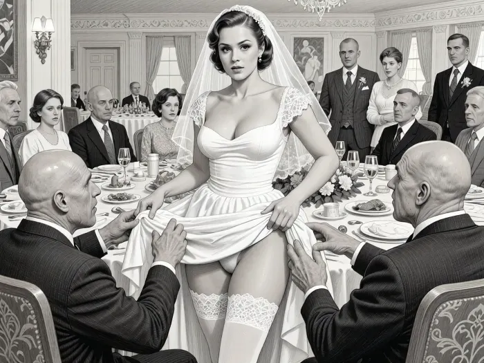 This is is a detailed monochromatic pencil drawing in a classical illustrative style depicts a scene set in USSR, in 1950s, a striking busty bride in a white dress, ((2 ugly bald old men roughly pawing her labia with their fingers)), 2 ugly bald old men mocking, on a festive table during the wedding banquet, She lifts the hem of her wedding dress with her hands, white lace panties, her white stockings are visible, family and parents are watching in their best clothes, a large banquet hall, They celebrate the wedding without noticing the bride, The overall mood is intense, rendered in fine, expressive line work and subtle shading, evoking the style of 1950s satirical or moralistic illustrations.