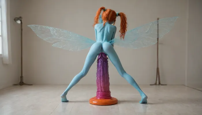 A girl looks at her reflection. full-length mirror, mirror, tiny odd little pixie, long spindly arms and mantis-like proportions, no pupils, glowing eyes, anime style, blue skin, f/1.4 lens, bokeh, tiny Daisy fairy princess, insect wings, see-through gossamer, in heat, in a video game, bombshell hair, glowing ginger hair, side ponytail, handstand, (((Giant pussy BlackDildo))), hyper massive huge extreme insane pussy dildo, extreme pussy insertion, Largest dildo possible, huge pussy toy, full body view, skinny small body, Tiny body, extremely wide dildo too big for futa and stretches pussy to breaking point, hyper extreme dildo wider than her thigh, pussy dildo, extreme insertion, hyper insertion, Biggest dildo imaginable, show full body in view, <lora:EnvyPixieXL01:.8>
