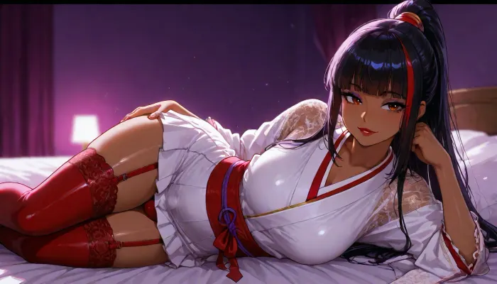 Melkor mancin meet markgavatino style, (((purple adorable anime eyes, purple eyeliner))), dark skin Filipina slut wife, long lashes, red lipstick, 25 years old cutie, muscular toned fit girlfriend, (petite height), ((purple background, lurid neon blurry background, lounge bed)), black slick hair in high ponytail with bright red highlights, warm strong lighting, ((showing off her elegant body curves)), futa penis bulge, ((lace embroidered kimono with skirt)), red garter stockings, thick long boots