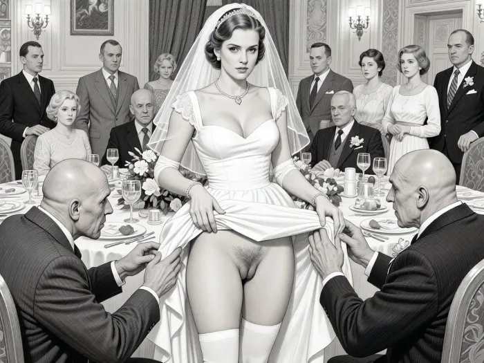 This is is a detailed monochromatic pencil drawing in a classical illustrative style depicts a scene set in USSR, in 1950s, a striking busty bride in a white dress, ((2 ugly bald old men roughly pawing her labia with their fingers)), 2 ugly bald old men mocking, on a festive table during the wedding banquet, She lifts the hem of her wedding dress with her hands, hairy pussy, her white stockings are visible, family and parents are watching in their best clothes, a large banquet hall, They celebrate the wedding without noticing the bride, The overall mood is intense, rendered in fine, expressive line work and subtle shading, evoking the style of 1950s satirical or moralistic illustrations.