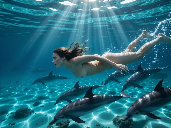 Underwater shot of a graceful woman swimming freely in the deep blue ocean, surrounded by a pod of playful wild dolphins. The woman has long, flowing hair, moving with the fluid and agile grace of a wild animal, embodying the raw essence of untamed freedom. The composition captures the vastness of the sea, with shafts of ethereal sunlight piercing through the water's surface, creating dramatic light rays and shimmering caustic patterns on the sandy seabed and the dolphins' sleek skin. The atmosphere is serene, majestic, and adventurous, emphasizing a harmonious connection between human and nature. The color palette features deep turquoise, sapphire, and vibrant aquamarine hues, with crystal-clear water clarity. sharp facial details, 8k resolution, captured with a wide-angle lens to emphasize the majestic scale of the marine environment.