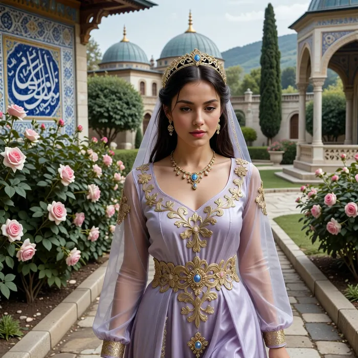 A medium-shot portrait, a beautiful young concubine of the sultan walks along a stony path in the sumptuous palace gardens. The concubine is a charming young woman with a delicate face, dark hair and a modestly downcast gaze, wearing an exquisite golden tiara set with precious stones and a fine, semi-transparent veil. She is dressed in a light lilac gown with lavish gold embroidery, a gold necklace and earrings. The background features an oriental palace with blue-and-white tiled panels and Arabic calligraphy, domes with golden spires, an open pavilion, dense bushes of blooming pink roses, cypress trees and hills in the distance. Soft daylight, high level of detail, photorealism, masterpiece, best quality, ultra-detailed