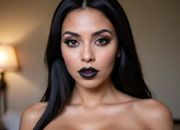 a modern photo of a latin woman, looks like candela skin, dark skin, round shape face, big lips, film lips, make up, goth, black lipstick, button little nose, latin skin, big eyes, black eyes, long straight hairs, black hairs, beautiful face, nude, big tits, entire tits, realistic, modern, intricate, masterpiece, sharp focus, dramatic, soft lighting, high res, <lora:Latin_girl:.7>