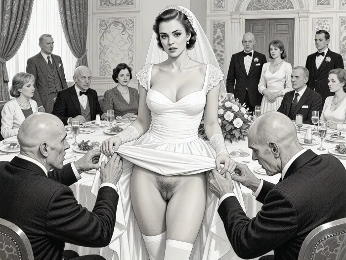 This is is a detailed monochromatic pencil drawing in a classical illustrative style depicts a scene set in USSR, in 1950s, a striking busty bride in a white dress, ((2 ugly bald old men roughly pawing her labia with their fingers)), 2 ugly bald old men mocking, on a festive table during the wedding banquet, She lifts the hem of her wedding dress with her hands, hairy pussy, her white stockings are visible, family and parents are watching in their best clothes, a large banquet hall, They celebrate the wedding without noticing the bride, The overall mood is intense, rendered in fine, expressive line work and subtle shading, evoking the style of 1950s satirical or moralistic illustrations.