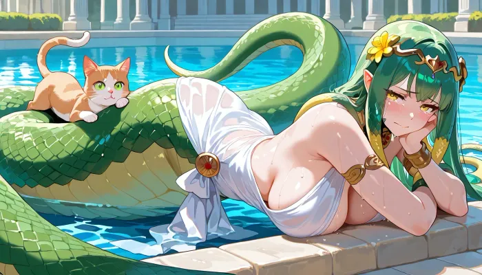 Medusa, gorgon, breathtaking cute girl, perfect beautiful girl, beautiful extacy face with sensual mouth, (sad smiling face, cries, tears), (lamia, (green snakes hair), snake tail instead of legs, no legs, snake lower body, green scales), yellow iris, yellow scolera, medium-sized breasts, anthropomorphic, body sheen, ultra high detailed character, white aristocratic Greek toga dress, .

marble Statues of Greek warriors in fighting pose, (white small cat lies on her lap, girl petting the cat), Medusa sits at the edge of a pool of water, ancient Greek temple, .

Perfect face, perfect body, perfect eyes, perfect pupils, perfect fingers, (High, Resolution), (More, Details), (8K), <lora:checkpoint-e100_s400:.8>, <lora:torino-XL-v2-ep20:.8>