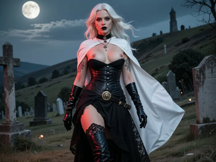 (Photorealistic), The Background is hill, old graveyard, moon shines, windy

25 years woman, small face, small tits, white wavy shiny hair, pale skin, heavy make-up, black lipstick, piercing, necklace, she is wearin black corset, she wears a classic long black skirt with lace, she wears a traditional belt, sehr wears traditional long boots, she wears long satin gloves, she wears a see-trough black top, black top covered he tits, red light shines on her body, tattoos, she wears a white cape


she is walking