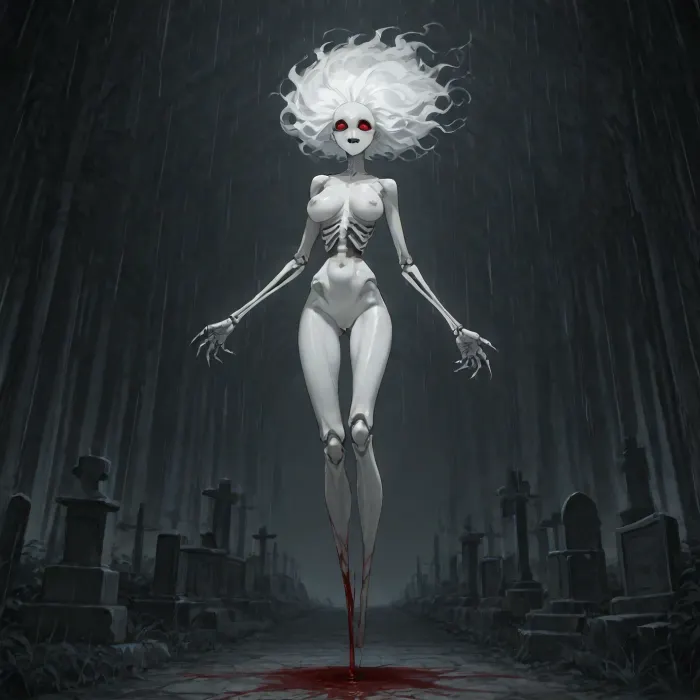 score_9, 1 ghastly female, about 33, very thin, is naked, ghost white skin, in a very foggy 1200's church graveyard, camera view is set far back, 32k image, floating in air, has no legs, ghostly form with no legs, perfect hands with long claw nails, no legs, no feet, ghostly form, floating, very skinny ghastly shape, completely naked, no hair, white ghostly afro hair, blood dripping from claws, evil demonic red eyes with a hollow empty feel, 34C cup breasts, medium size breasts, ghostly white boobs and nipples, everything about the ghost is ghastly and greyish white, raining heavy, old england graveyard, many ancient, tombstones, skeletal hands popping out of a few spots in background, scary environment, very spooky feel
