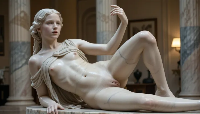 Античная мраморная статуя девушки., (12-year-old sexy, skinny beautiful girl, (loligirl), very beautiful, skinny, small teeny breasts, very skinny legs, very skinny ass, very narrow hips, very narrow pelvis, slender legs, naked), (Photorealistic masterpiece, best quality)