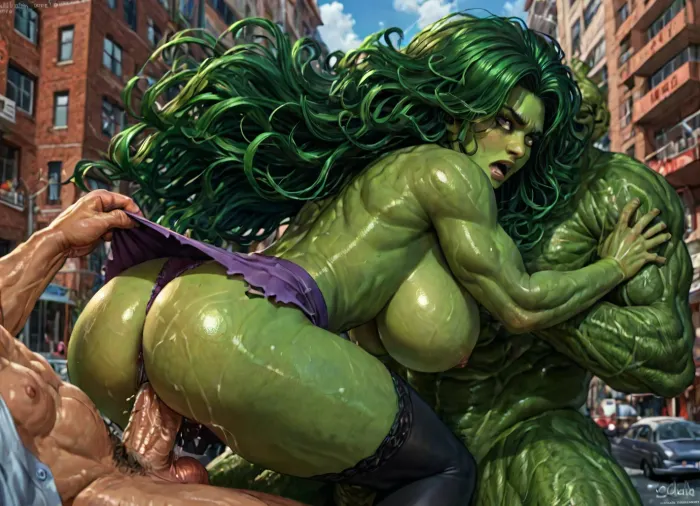 Reiq style, Outdoors, on a skyscraper rooftop, Distant shot, wide shot, Interracial superhero sex, cowgirl sex, powerful naked extremely tall dark skinned African American superhero brute, fucking naked athletic ultra muscular 35yo green skinned She-Hulk superhero body builder, She-Hulk has a beautiful Instagram Model face with equal wide open green eyes full lips and sexy supermodel cheek bones, brute has firm grip on She-Hulk’s waist, She-Hulk is seduced into having rough sex, She-Hulk has enormous muscles all over her body, She-Hulk was a lawyer before she transformed into the She-Hulk, her bra snapped off, her office blouse tore free, her skirt is lifted over her muscular ass, her panties are hanging off her left thigh, her black stockings are stretched and torn, (extremely thick hair:1.4), (She-Hulk has green skin:1.4), huge chest circumference, (massive breasts:1.2), muscular body, hip gap, (narrow waist), pussy cameltoe, She-Hulk has extremely long thick wild green hair, (extremely long hair:1.1), (extremely thick hair:1.3), . Black superhero brute is grabbing She-Hulk by the hips as he fucks her with his long thick cock, his cock is half way into She-Hulk's ass. She-Hulk is powerless to resist, (She-Hulk is in exquisite pain:1.1), (grimacing:1.7), (struggling:1.5), rough sex, She-Hulk is exhausted, sweating heavily, covered in sweat, (oiled body:1.5), (bukkake:1), <lora:add-detail-xl:.8>, <lora:detailed_notrigger:2>, <lora:LCMTurboMix_Euler_A_fix:.8>