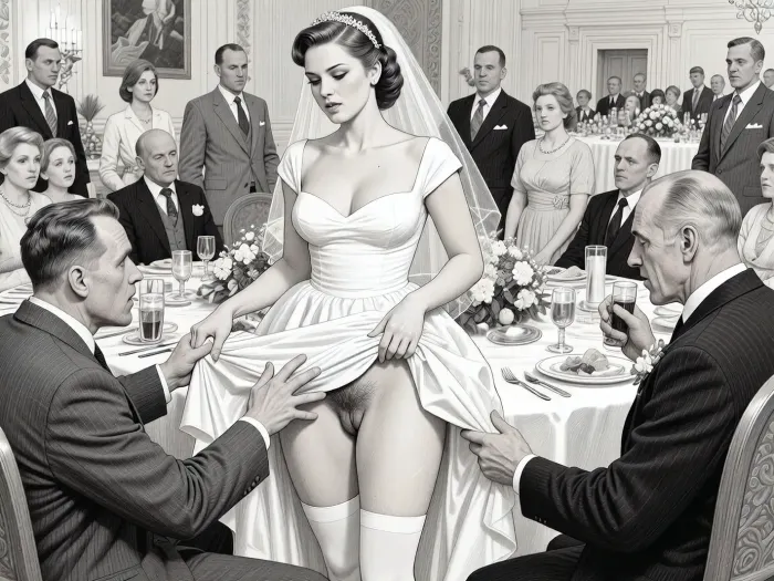 This is is a detailed monochromatic pencil drawing in a classical illustrative style depicts a scene set in USSR, in 1950s, a striking busty bride in a white dress, ((2 drunk ugly Caucasian men roughly pawing her labia with their fingers)), 2 drunken ugly Caucasian old men mocking, on a festive table during the wedding banquet, She lifts the hem of her wedding dress with her hands, hairy pussy, her white stockings are visible, family and parents are watching in their best clothes, a large banquet hall, They celebrate the wedding without noticing the bride, The overall mood is intense, rendered in fine, expressive line work and subtle shading, evoking the style of 1950s satirical or moralistic illustrations.