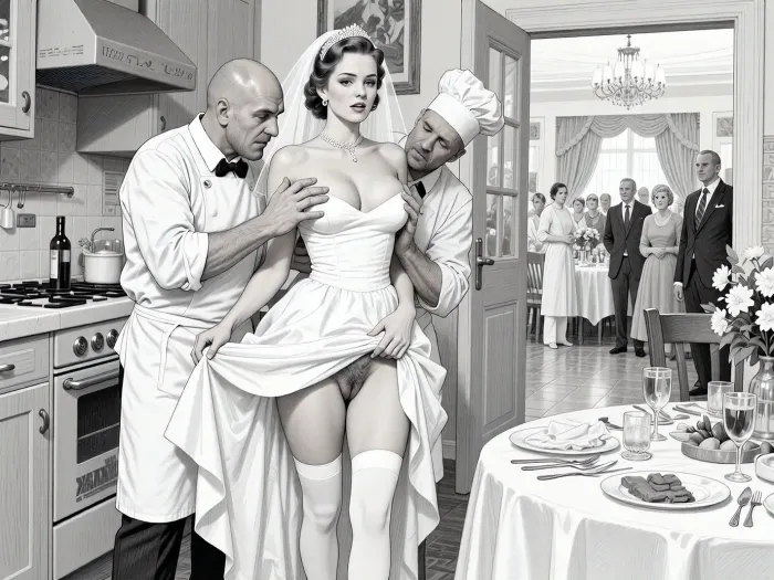 This is is a detailed monochromatic pencil drawing in a classical illustrative style depicts a scene set in USSR, in 1950s, a striking busty slutty bride in a white dress in the restaurant kitchen, ((2 drunk ugly bald old cooks roughly pawing her tits with their fingers)), 2 drunken marginalugly old cooks mocking, on a festive table during the wedding banquet, She lifts the hem of her wedding dress with her hands, hairy pussy, her white stockings are visible, the restaurant hall is visible through the open kitchen door, family and parents are watching in their best clothes, a large banquet hall, They celebrate the wedding without noticing the bride, The overall mood is intense, rendered in fine, expressive line work and subtle shading, evoking the style of 1950s satirical or moralistic illustrations.
