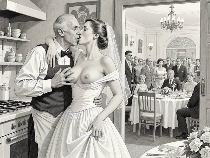 This is is a detailed monochromatic pencil drawing in a classical illustrative style depicts a scene set in USSR, in 1950s, a striking busty slutty bride in a white dress, hugs and passionately kisses an old waiter in the restaurant kitchen who roughly and imperiously paws her tits, ((drunk marginal old waiter roughly pawing her exposed tits with his fingers)), the restaurant hall is visible through the open kitchen door, on a festive table during the wedding banquet, family and parents are watching in their best clothes, a large banquet hall, They celebrate the wedding without noticing the bride, The overall mood is intense, rendered in fine, expressive line work and subtle shading, evoking the style of 1950s satirical or moralistic illustrations.