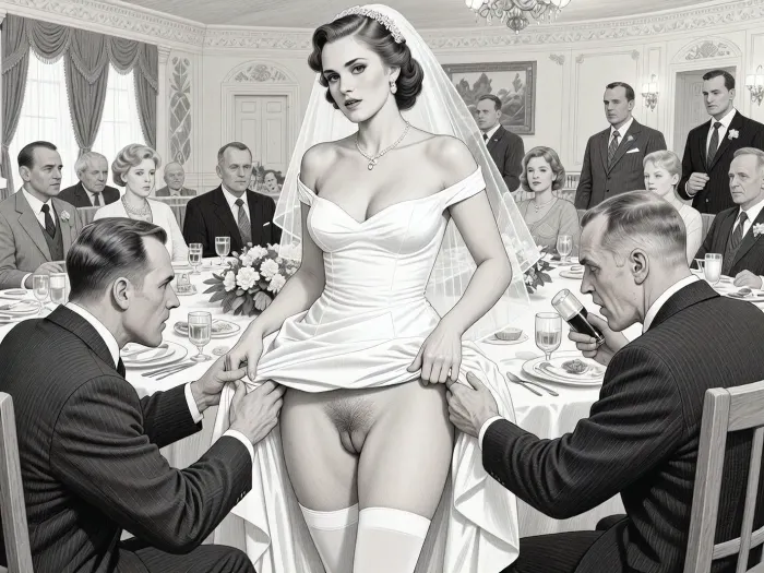 This is is a detailed monochromatic pencil drawing in a classical illustrative style depicts a scene set in USSR, in 1950s, a striking busty bride in a white dress, ((2 drunk ugly Caucasian men roughly pawing her labia with their fingers)), 2 drunken ugly Caucasian old men mocking, on a festive table during the wedding banquet, She lifts the hem of her wedding dress with her hands, hairy pussy, her white stockings are visible, family and parents are watching in their best clothes, a large banquet hall, They celebrate the wedding without noticing the bride, The overall mood is intense, rendered in fine, expressive line work and subtle shading, evoking the style of 1950s satirical or moralistic illustrations.