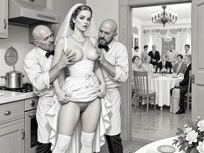 This is is a detailed monochromatic pencil drawing in a classical illustrative style depicts a scene set in USSR, in 1950s, a striking busty slutty bride in a white dress in the restaurant kitchen, ((2 drunk ugly bald old cooks roughly pawing her tits with their fingers)), 2 drunken marginalugly old cooks mocking, She lifts the hem of her wedding dress with her hands, hairy pussy, her white stockings are visible, the restaurant hall is visible through the open kitchen door, on a festive table during the wedding banquet, family and parents are watching in their best clothes, a large banquet hall, They celebrate the wedding without noticing the bride, The overall mood is intense, rendered in fine, expressive line work and subtle shading, evoking the style of 1950s satirical or moralistic illustrations.