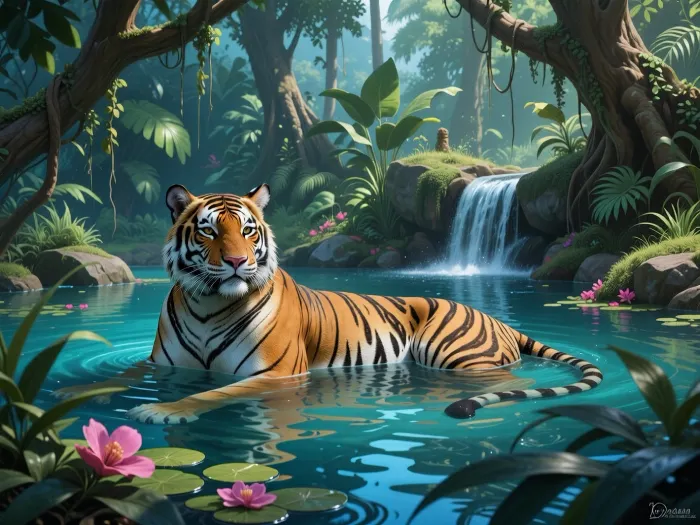 A tiger lounges in a pond in a lush jungle. The tiger is relaxing in the beautiful blue waters of the pond. The tiger is submerged in the water with only his head sticking out. A small waterfall trickles into the pond. Pink flowers dot the waters edge. Trees covered in vines surround the area., d&d, fantasy, highly detailed, digital painting, artstation, sharp focus, fantasy art, illustration, 8k, in the style of greg rutkowski. It's an absolute world-class masterpiece artwork. It's an aesthetically pleasing artwork with impeccable attention to detail and impressive composition.