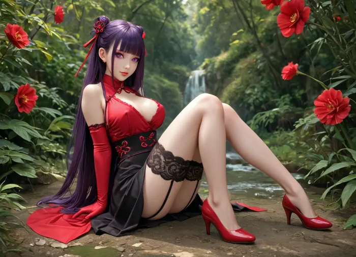 Japanese beauty, Long straight dark violet hair, blunt bangs, red ribbon ornament on right side, violet eyes, smooth skin, refined facial features, dark purple nylon fitted sheer truncated top with deep neckline, nipple slip, black sheer tight skirt, pink long gloves, high heels, Thigh-high lace stockings, thin waist, big lush round breasts, medium rounded ass, slender legs, pissing