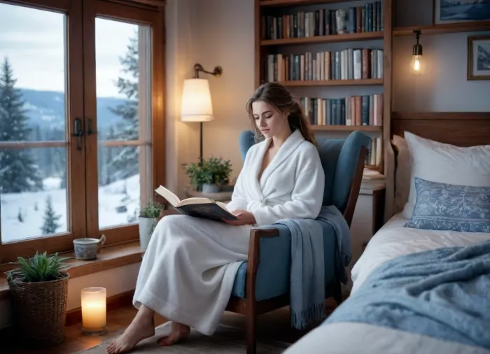 (masterpiece, best quality, highres:1.2), a cozy bedroom interior, a young woman sitting in a comfortable armchair reading a vintage book, wearing a soft white plush bathrobe, (warm interior lighting:1.3), contrasting with the, (cold blue tones of a snowy winter landscape:1.4), visible through a window, in the background a bed with messy rumpled white linen sheets, many decorative cushions of various sizes scattered on the bed, a tall wooden bookshelf filled with books and lush green plants in elegant porcelain pots, cinematic composition, soft focus, depth of field, cozy and serene atmosphere, intricate details, photorealistic, 8k resolution, soft ambient lighting, high contrast between warm and cool tones.