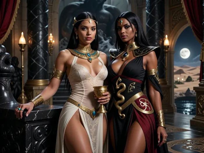 A beautiful adult Stygian princess stands in a grand Stygian palace in the Hyborian Age, dark sword-and-sorcery atmosphere inspired by Conan. She is in her mid-twenties, with deep bronze-brown skin, dark almond eyes, long straight raven-black hair, refined aristocratic features, and a calm, proud, dangerously self-assured expression. She wears luxurious Stygian royal clothing inspired by ancient Egyptian and Near Eastern aesthetics transformed into dark fantasy, a extremely skimpy fitted ivory transparent silk gown with elegant embroidery, ornate gold collar, jeweled belt, heavy bracelets, armlets, rings, and a delicate gold diadem with a subtle serpent motif. One hand rests on the carved black-stone arm of an ornate throne, the other holds a golden ceremonial cup.

Behind and slightly beside her stands her female Stygian sorcerer, advisor and lover. She is an equally beautiful adult Stygian woman, slightly taller, with dark bronze skin, long black hair, intense almost-black eyes, and an unnervingly calm expression. She wears layered black and deep crimson robes decorated with ancient gold sigils, serpentine embroidery, occult symbols of Set, dark gemstones, and a serpent-shaped talisman of blackened gold. She stands far closer than a mere advisor should, one hand resting lightly and possessively at the princess’s waist as she leans toward her ear as if whispering private counsel. The princess’s relaxed posture and faint private smile reveal intimacy, trust and conspiracy between them.

Subtle magic surrounds the sorceress, faint dark smoke around her fingers, a dim green-gold glow in her eyes, and the ghostly suggestion of a vast serpent shape hidden in the shadows behind her. The palace is unmistakably Stygian, towering black stone columns carved with serpents, golden braziers, red silk curtains, bronze lamps, carved ritual reliefs, polished stone floors, incense smoke, statues of ancient kings and priests, and distant arches opening toward a moonlit desert city and a great dark river. A colossal shadowed statue of Set looms in the background. Luxurious, decadent, dangerous atmosphere. Cinematic full-body composition, princess dominant in the foreground, sorceress intimately behind her, realistic anatomy, dramatic chiaroscuro, warm firelight mixed with cool moonlight, richly detailed fabrics, jewelry and architecture, photorealistic dark fantasy, epic sword-and-sorcery film still.