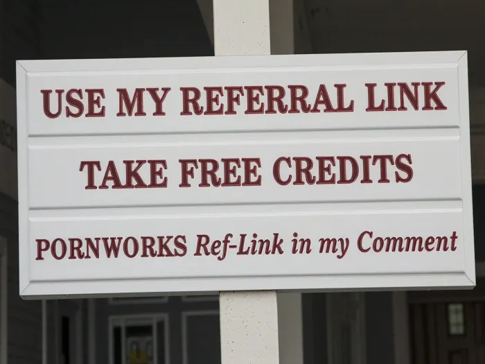 a clean white sign mounted on a simple white post, In elegant metallic red lettering, the sign clearly reads in the first line, USE MY REFERRAL LINK, in the second line, TAKE FREE CREDITS, in the third line, PORNWORKS Ref-Link in my Comment, The typography is crisp, centered, highly legible, and realistically printed on the white surface.