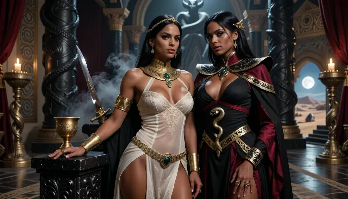 A beautiful adult Stygian princess stands in a grand Stygian palace in the Hyborian Age, dark sword-and-sorcery atmosphere inspired by Conan. She is in her mid-twenties, with deep bronze-brown skin, dark almond eyes, long straight raven-black hair, refined aristocratic features, and a calm, proud, dangerously self-assured expression. She wears luxurious Stygian royal clothing inspired by ancient Egyptian and Near Eastern aesthetics transformed into dark fantasy, a extremely skimpy fitted ivory transparent silk gown with elegant embroidery, ornate gold collar, jeweled belt, heavy bracelets, armlets, rings, and a delicate gold diadem with a subtle serpent motif. One hand rests on the carved black-stone arm of an ornate throne, the other holds a golden ceremonial cup.

Behind and slightly beside her stands her female Stygian sorcerer, advisor and lover. She is an equally beautiful adult Stygian woman, slightly taller, with dark bronze skin, long black hair, intense almost-black eyes, and an unnervingly calm expression. She wears layered black and deep crimson robes decorated with ancient gold sigils, serpentine embroidery, occult symbols of Set, dark gemstones, and a serpent-shaped talisman of blackened gold. She stands far closer than a mere advisor should, one hand resting lightly and possessively at the princess’s waist as she leans toward her ear as if whispering private counsel. The princess’s relaxed posture and faint private smile reveal intimacy, trust and conspiracy between them.

Subtle magic surrounds the sorceress, faint dark smoke around her fingers, a dim green-gold glow in her eyes, and the ghostly suggestion of a vast serpent shape hidden in the shadows behind her. The palace is unmistakably Stygian, towering black stone columns carved with serpents, golden braziers, red silk curtains, bronze lamps, carved ritual reliefs, polished stone floors, incense smoke, statues of ancient kings and priests, and distant arches opening toward a moonlit desert city and a great dark river. A colossal shadowed statue of Set looms in the background. Luxurious, decadent, dangerous atmosphere. Cinematic full-body composition, princess dominant in the foreground, sorceress intimately behind her, realistic anatomy, dramatic chiaroscuro, warm firelight mixed with cool moonlight, richly detailed fabrics, jewelry and architecture, photorealistic dark fantasy, epic sword-and-sorcery film still.
