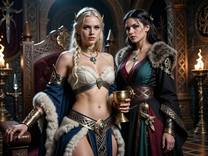 A beautiful adult Æsir princess stands in a magnificent royal hall in Asgard, in a dark mythic fantasy world inspired by Norse legend and heroic sword-and-sorcery. She is in her mid-twenties, tall, regal and powerful, with fair skin, striking blue-gray eyes, and long pale blonde hair braided with gold rings and small runic ornaments. Her features are noble, elegant and strong, and her expression is calm, proud and self-assured. She wears luxurious Asgardian royal clothing, a finely woven ivory and deep blue bikini layered with rich wool, linen and fur, fitted but regal, with embroidered knotwork, gold trim, heavy arm rings, rings, a broad gold neck collar, and a delicate circlet shaped with subtle raven and sun motifs. One hand rests on the carved arm of a great wooden throne, the other holds a ceremonial golden cup.

Behind and slightly beside her stands her female Æsir sorceress, advisor and lover. She is an equally beautiful adult woman, slightly taller, long ash-blonde hair, pale gray eyes, and an intense, unreadable expression. She wears layered robes in black, deep green and muted crimson, trimmed with fur and embroidered with runes and knotwork, adorned with gold jewelry, carved amber, and a small talisman shaped like a raven or serpent. She stands far closer than a mere advisor should, one hand resting lightly and possessively at the princess’s waist as she leans toward her ear as if whispering private counsel. The princess’s relaxed posture and faint private smile reveal intimacy, trust and conspiracy between them.

Subtle magic surrounds the sorceress, faint drifting mist around her fingers, a dim cold blue glow in her eyes, and the ghostly suggestion of ancient runes or a great spectral serpent or raven hidden in the shadows behind her. The hall is unmistakably Asgardian, towering carved wooden pillars, knotwork beams, braziers burning with warm firelight, banners, furs, shields and ceremonial spears on the walls, intricate carvings of gods and heroes, polished stone and wood floors, and distant arches opening toward a dramatic sky, mountains and golden light. The atmosphere is majestic, ancient, luxurious and dangerous, with the feeling of royal intrigue and old magic. Cinematic full-body composition, princess dominant in the foreground, sorceress intimately behind her, realistic anatomy, dramatic lighting, richly detailed fabrics, jewelry and architecture, photorealistic dark mythic fantasy, epic fantasy film still.