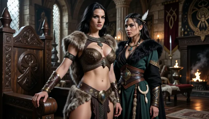 A beautiful adult Cimmerian princess stands in the great hall of a chieftain in Cimmeria, in a dark sword-and-sorcery world inspired by Conan. She is in her mid-twenties, tall, strong and regal, with pale weathered skin, storm-gray eyes, long thick raven-black hair, proud delicate features, and a calm, self-assured expression. She is beautiful in a fierce northern way, more powerful and delicate. She wears luxurious but harsh Cimmerian armor suited to a brutal land, a tight fitted ornate bronze chainmail bikini snugly containing her ample bosom layered with leather and heavy fur, fitted enough to show rank without looking modern, decorated with bronze clasps, arm rings, belts and carved bone or stone jewelry. One hand rests on the carved arm of a heavy wooden throne.

Behind and slightly beside her stands her female Cimmerian shaman, advisor and lover. She is an equally beautiful adult woman, slightly taller, with pale skin, dark hair braided with bone beads and feathers, piercing gray eyes, and an intense, unreadable expression. She wears layered black, charcoal and deep forest-green robes of wool, fur and leather, decorated with runes, talismans, carved bone charms, antler pieces and ancient tribal symbols. She stands far closer than a mere advisor should, one hand resting lightly and possessively at the princess’s waist as she leans toward her ear as if whispering private counsel. The princess’s relaxed posture and faint private smile reveal intimacy, trust and conspiracy between them.

Subtle ancient magic surrounds the shaman, faint mist around her fingers, a dim cold blue-gray glow in her eyes, and the ghostly suggestion of a wolf, raven or shadowy ancestral spirit hidden in the darkness behind her. The hall is unmistakably Cimmerian, massive timber beams, rough stone walls, carved wooden pillars, animal pelts, shields, spears, bronze braziers, smoky firelight, long benches, ancient banners, and a distant opening showing bleak mountains, dark forests and a storm-heavy sky. The atmosphere is harsh, ancient, intimate and dangerous, with the feeling of tribal power, old bloodlines and forbidden northern magic. Cinematic full-body composition, princess dominant in the foreground, shaman intimately behind her, realistic anatomy, dramatic firelight and cold northern light, richly detailed fur, leather, wood and stone textures, photorealistic dark fantasy, epic sword-and-sorcery film still.
