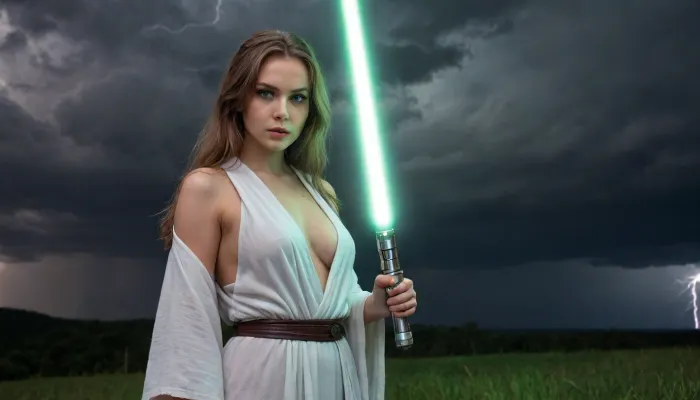 1woman, young sexy jedi, sexy robe, dark light, high resolution, 18 years old, cute, take a green lightsaber, in wilderness of other planet, round face, view from the top, full body in frame, seduciv face, huge breast, slim, D cup, Big boobs, very white and pale skin, big lips, green eyes, thin, perfect body, perfect pussy, silver long hair, full body view, masterpiece, highest quality, insanely detailed photo, detailed skin texture, Epic photo, at night, heavy thunderstorm in the background, <lora:Portrait_perfection:.8>, green, eyes, blue, brown, perfecteyes, <lora:PerfectEyesXL:.8>, Plasma, Sword, Holding, <lora:Plasma_Sword:.8>