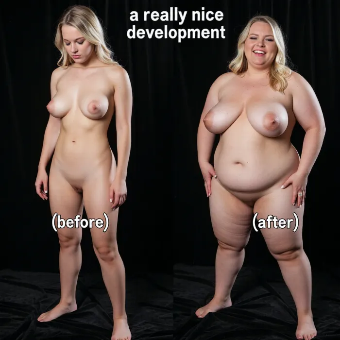 (2Split screens, 2split views), (((same woman))), (((first screen, slim, looking sad, caption "before"))), (((second screen, super fat, smiling caption "after"))), big caption over whole wide "a really nice development", Create a fat old ugly fuckslut who is extremely obese. She is fat as a pig. She is an extraordinarily super fat woman, please depict her as so heavy that she can barely move. She is so fat, she has rolls of fat on body and her back. She has extremely huge and saggy tits. Her tits resting at her huge upper abdomen. Her tits are flat. Her lower abdomen is soft an flabby. black velvet background, standing naked, gigantic flabby body, hyper huge fat woman, morbidly obese, fat body, soft belly, enormous big belly, worn out body, chubby face, double chin, mouth slightly open, wide hips, huge ass, lovehandles, extra fat rolls, saggy tits, huge tits, baggy tits, blond hair