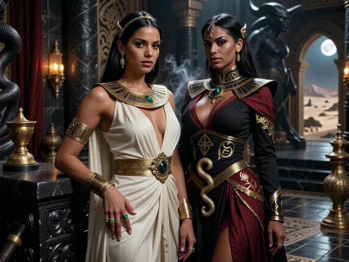 A beautiful adult Stygian princess stands in a grand Stygian palace in the Hyborian Age, dark sword-and-sorcery atmosphere inspired by Conan. She is in her mid-twenties, with deep bronze-brown skin, dark almond eyes, long straight raven-black hair, refined aristocratic features, and a calm, proud, dangerously self-assured expression. She wears luxurious Stygian royal clothing inspired by ancient Egyptian and Near Eastern aesthetics transformed into dark fantasy, a fitted ivory linen gown with elegant draped fabric, ornate gold collar, jeweled belt, heavy bracelets, armlets, rings, and a delicate gold diadem with a subtle serpent motif. One hand rests on the carved black-stone arm of an ornate throne, the other loosely holds a golden ceremonial cup.

Behind and slightly beside her stands her female Stygian sorcerer, advisor and lover. She is an equally beautiful adult Stygian woman, slightly taller, with dark bronze skin, long black hair, intense almost-black eyes, and an unnervingly calm expression. She wears layered black and deep crimson robes decorated with ancient gold sigils, serpentine embroidery, occult symbols of Set, dark gemstones, and a serpent-shaped talisman of blackened gold. She stands far closer than a mere advisor should, one hand resting lightly and possessively at the princess’s waist as she leans toward her ear as if whispering private counsel. The princess’s relaxed posture and faint private smile reveal intimacy, trust and conspiracy between them.

Subtle magic surrounds the sorceress, faint dark smoke around her fingers, a dim green-gold glow in her eyes, and the ghostly suggestion of a vast serpent shape hidden in the shadows behind her. The palace is unmistakably Stygian, towering black stone columns carved with serpents, golden braziers, red silk curtains, bronze lamps, carved ritual reliefs, polished stone floors, incense smoke, statues of ancient kings and priests, and distant arches opening toward a moonlit desert city and a great dark river. A colossal shadowed statue of Set looms in the background. Luxurious, decadent, dangerous atmosphere. Cinematic full-body composition, princess dominant in the foreground, sorceress intimately behind her, realistic anatomy, dramatic chiaroscuro, warm firelight mixed with cool moonlight, richly detailed fabrics, jewelry and architecture, photorealistic dark fantasy, epic sword-and-sorcery film still.