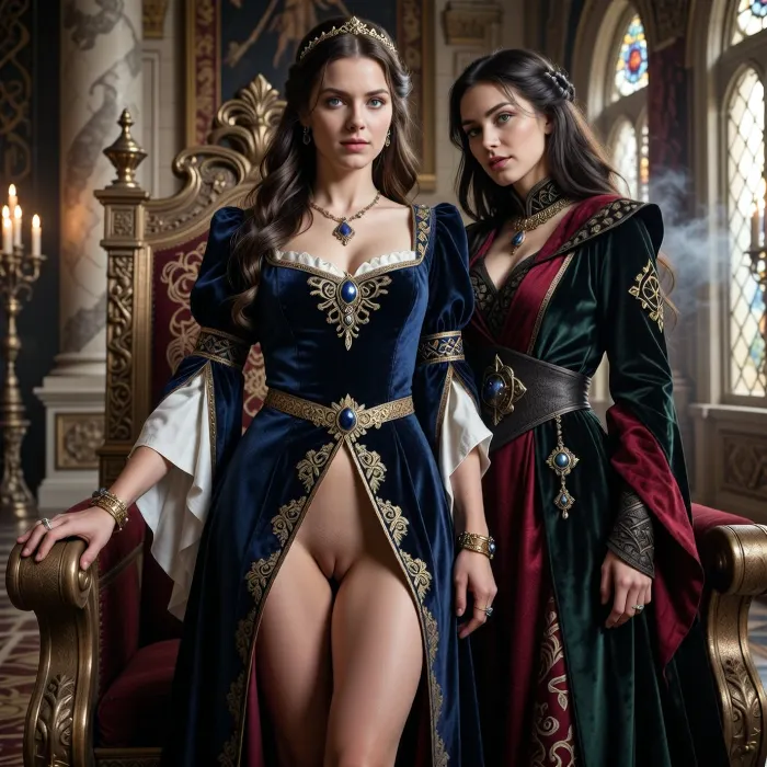 A beautiful adult Aquilonian princess stands in a magnificent royal palace in Aquilonia, in a dark sword-and-sorcery world inspired by Conan. She is in her mid-twenties, tall, poised and regal, with fair skin, expressive blue or gray eyes, and long wavy chestnut or dark blonde hair styled in elegant noble fashion. Her features are refined, aristocratic and intelligent, and her expression is calm, proud and self-assured. She wears luxurious Aquilonian royal clothing inspired by high medieval and late antique nobility, transformed into grounded dark fantasy, a rich pinafore gown of deep blue, ivory or crimson velvet and silk, with slit from her waist all the way down the front of the gown giving a clear view of her smoothly shaven pussy, fitted but regal, with flowing sleeves, gold embroidery, jeweled trim, a delicate golden circlet, rings, bracelets and a fine ceremonial belt. One hand rests on the carved arm of an ornate throne.

Behind and slightly beside her stands her female Aquilonian sorceress, advisor and lover. She is an equally beautiful adult woman, slightly taller, with pale skin, long dark brown or black hair, striking gray or green eyes, and an intense, unreadable expression. She wears layered robes in black, wine red and deep forest green, made of fine velvet, silk and embroidered fabric, adorned with subtle occult symbols, gold details, dark gemstones and an ancient talisman. She stands far closer than a mere advisor should, one hand resting lightly and possessively at the princess’s waist as she leans toward her ear as if whispering private counsel. The princess’s relaxed posture and faint private smile reveal intimacy, trust and conspiracy between them.

Subtle magic surrounds the sorceress, faint drifting smoke around her fingers, a dim cold glow in her eyes, and the ghostly suggestion of ancient arcane symbols hidden in the shadows behind her. The palace is unmistakably Aquilonian, tall marble columns, rich tapestries, carved stone arches, polished floors, bronze braziers, candlelight, noble banners, statues of kings and heroes, stained glass or high arched windows, and distant balconies overlooking a great royal city. The atmosphere is luxurious, civilized, politically dangerous and touched by secret sorcery. Cinematic full-body composition, princess dominant in the foreground, sorceress intimately behind her, realistic anatomy, dramatic warm candlelight mixed with cool daylight, richly detailed fabrics, jewelry and architecture, photorealistic dark fantasy, epic sword-and-sorcery film still.