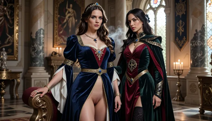 A beautiful adult Aquilonian princess stands in a magnificent royal palace in Aquilonia, in a dark sword-and-sorcery world inspired by Conan. She is in her mid-twenties, tall, poised and regal, with fair skin, expressive blue or gray eyes, and long wavy chestnut or dark blonde hair styled in elegant noble fashion. Her features are refined, aristocratic and intelligent, and her expression is calm, proud and self-assured. She wears luxurious Aquilonian royal clothing inspired by high medieval and late antique nobility, transformed into grounded dark fantasy, a rich pinafore gown of deep blue, ivory or crimson velvet and silk, with slit from her waist all the way down the front of the gown giving a clear view of her smoothly shaven pussy, fitted but regal, with flowing sleeves, gold embroidery, jeweled trim, a delicate golden circlet, rings, bracelets and a fine ceremonial belt. One hand rests on the carved arm of an ornate throne.

Behind and slightly beside her stands her female Aquilonian sorceress, advisor and lover. She is an equally beautiful adult woman, slightly taller, with pale skin, long dark brown or black hair, striking gray or green eyes, and an intense, unreadable expression. She wears layered robes in black, wine red and deep forest green, made of fine velvet, silk and embroidered fabric, adorned with subtle occult symbols, gold details, dark gemstones and an ancient talisman. She stands far closer than a mere advisor should, one hand resting lightly and possessively at the princess’s waist as she leans toward her ear as if whispering private counsel. The princess’s relaxed posture and faint private smile reveal intimacy, trust and conspiracy between them.

Subtle magic surrounds the sorceress, faint drifting smoke around her fingers, a dim cold glow in her eyes, and the ghostly suggestion of ancient arcane symbols hidden in the shadows behind her. The palace is unmistakably Aquilonian, tall marble columns, rich tapestries, carved stone arches, polished floors, bronze braziers, candlelight, noble banners, statues of kings and heroes, stained glass or high arched windows, and distant balconies overlooking a great royal city. The atmosphere is luxurious, civilized, politically dangerous and touched by secret sorcery. Cinematic full-body composition, princess dominant in the foreground, sorceress intimately behind her, realistic anatomy, dramatic warm candlelight mixed with cool daylight, richly detailed fabrics, jewelry and architecture, photorealistic dark fantasy, epic sword-and-sorcery film still.