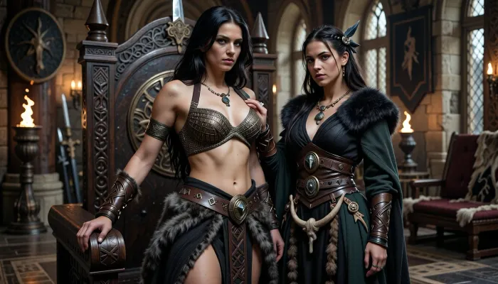 A beautiful adult Cimmerian princess stands in the great hall of a chieftain in Cimmeria, in a dark sword-and-sorcery world inspired by Conan. She is in her mid-twenties, tall, strong and regal, with pale weathered skin, storm-gray eyes, long thick raven-black hair, proud delicate features, and a calm, self-assured expression. She is beautiful in a fierce northern way, more powerful and delicate. She wears luxurious but harsh Cimmerian noble clothing suited to a brutal land, a dark wool loincloth layered with leather and heavy fur, fitted enough to show rank without looking modern, decorated with knotwork embroidery, bronze clasps, arm rings, belts and carved bone or stone jewelry, and a tight fitted ornate bronze chainmail bikini top snugly containing her ample bosom. One hand rests on the carved arm of a heavy wooden throne.

Behind and slightly beside her stands her female Cimmerian shaman, advisor and lover. She is an equally beautiful adult woman, slightly taller, with pale skin, dark hair braided with bone beads and feathers, piercing gray eyes, and an intense, unreadable expression. She wears layered black, charcoal and deep forest-green robes of wool, fur and leather, decorated with runes, talismans, carved bone charms, antler pieces and ancient tribal symbols. She stands far closer than a mere advisor should, one hand resting lightly and possessively at the princess’s waist as she leans toward her ear as if whispering private counsel. The princess’s relaxed posture and faint private smile reveal intimacy, trust and conspiracy between them.

Subtle ancient magic surrounds the shaman, faint mist around her fingers, a dim cold blue-gray glow in her eyes, and the ghostly suggestion of a wolf, raven or shadowy ancestral spirit hidden in the darkness behind her. The hall is unmistakably Cimmerian, massive timber beams, rough stone walls, carved wooden pillars, animal pelts, shields, spears, bronze braziers, smoky firelight, long benches, ancient banners, and a distant opening showing bleak mountains, dark forests and a storm-heavy sky. The atmosphere is harsh, ancient, intimate and dangerous, with the feeling of tribal power, old bloodlines and forbidden northern magic. Cinematic full-body composition, princess dominant in the foreground, shaman intimately behind her, realistic anatomy, dramatic firelight and cold northern light, richly detailed fur, leather, wood and stone textures, photorealistic dark fantasy, epic sword-and-sorcery film still.