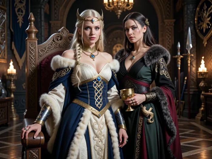 A beautiful adult Æsir princess stands in a magnificent royal hall in Asgard, in a dark mythic fantasy world inspired by Norse legend and heroic sword-and-sorcery. She is in her mid-twenties, tall, regal and powerful, with fair skin, striking blue-gray eyes, and long pale blonde hair braided with gold rings and small runic ornaments. Her features are noble, elegant and strong, and her expression is calm, proud and self-assured. She wears luxurious Asgardian royal clothing, a finely woven ivory and deep blue gown layered with rich wool, linen and fur, fitted but regal, with embroidered knotwork, gold trim, heavy arm rings, rings, a broad gold neck collar, and a delicate circlet shaped with subtle raven and sun motifs. One hand rests on the carved arm of a great wooden throne, the other loosely holds a ceremonial golden cup.

Behind and slightly beside her stands her female Æsir sorceress, advisor and lover. She is an equally beautiful adult woman, slightly taller, long ash-blonde hair, pale gray eyes, and an intense, unreadable expression. She wears layered robes in black, deep green and muted crimson, trimmed with fur and embroidered with runes and knotwork, adorned with gold jewelry, carved amber, and a small talisman shaped like a raven or serpent. She stands far closer than a mere advisor should, one hand resting lightly and possessively at the princess’s waist as she leans toward her ear as if whispering private counsel. The princess’s relaxed posture and faint private smile reveal intimacy, trust and conspiracy between them.

Subtle magic surrounds the sorceress, faint drifting mist around her fingers, a dim cold blue glow in her eyes, and the ghostly suggestion of ancient runes or a great spectral serpent or raven hidden in the shadows behind her. The hall is unmistakably Asgardian, towering carved wooden pillars, knotwork beams, braziers burning with warm firelight, banners, furs, shields and ceremonial spears on the walls, intricate carvings of gods and heroes, polished stone and wood floors, and distant arches opening toward a dramatic sky, mountains and golden light. The atmosphere is majestic, ancient, luxurious and dangerous, with the feeling of royal intrigue and old magic. Cinematic full-body composition, princess dominant in the foreground, sorceress intimately behind her, realistic anatomy, dramatic lighting, richly detailed fabrics, jewelry and architecture, photorealistic dark mythic fantasy, epic fantasy film still.