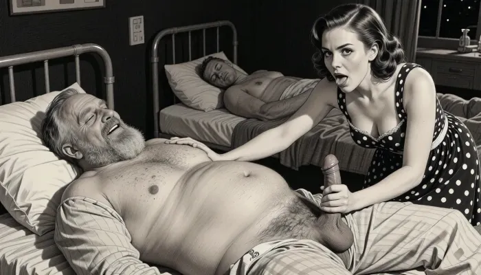 This is is a detailed monochromatic pencil drawing in a classical illustrative style depicts a scene set in USSR, in 1950s, In a hospital at night, in a darkened hospital room, a Obese ugly hairy bearded Caucasian old man lies on a bed in hospital pajamas .lustful mocking smile man's ugly face, Other patients sleep in the same room. His penis protrudes from his hospital pajamas, hairy testicles visible. A beautiful Russian brown elegant hairstyle curvy mother, she is wearing in polka dot sundress, stands beside him, her eyes wide and her expression very seductive. She holds his penis in hand, leans down, and sucks it intensely. blowjob, His hand on her head. Side lighting creates a dark and sexual atmosphere., The overall mood is intense, rendered in fine, expressive line work and subtle shading, evoking the style of 1950s satirical or moralistic illustrations.
