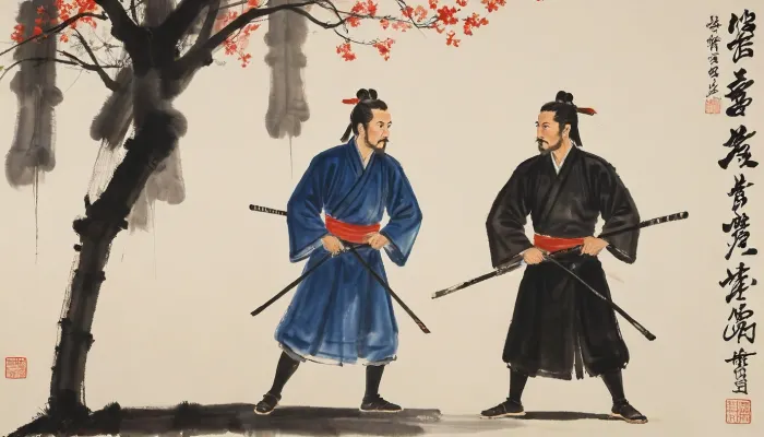 Three samurai warriors, portrayed with the artistic essence of Qi Baishi's renowned brushwork, near a small ancient Japanse city, three samurai warriors, dressed in full battle attire, are training, Qi Baishi's signature style brings out in each of the warriors faces and attire. The overall scene carries a sense of whimsy and an appreciation for the beauty in everyday life, style, of, Qi, Baishi, baishi, <lora:tbh170-sdxl:2>, <lora:baishi_xl_0_-000004:2>