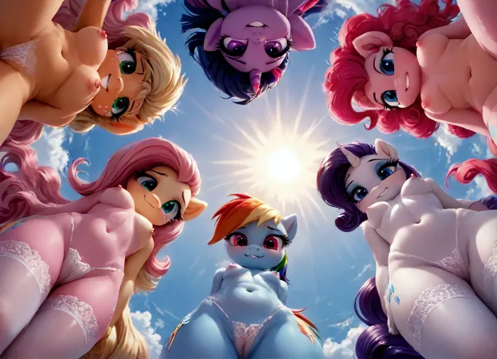 (Rainbow Dash, Fluttershy, AppleJack, Pinkie pie, Rarity, Twilight Sparkle, ((six young women in the frame))), mlp, (((anthropomorphic pony))), smile, showing teeth, makeup, perfect tail, rosy cheeks, furry, anthro, completely naked, exposed breasts, random breasts, erect nipples, cameltoe, lace thong, white stockings, standing, sun light, Anfisa, ((The ponies are standing in a semicircle along the edge of the frame, the shot is taken from between the legs, looking down, vertical angle view, sun in the center of the frame)), random pose, <lora:princess_xl_v2:.8>, <lora:LCMTurboMix_Euler_A_fix:.8>, <lora:Pony_MLP_v1.8SDXL:.8>, <lora:Anfisa_Fox_Riot-XL:.8>