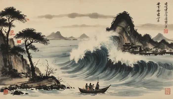 A giant wave, portrayed with the artistic essence of Qi Baishi's renowned brushwork, a tsunami breaking on the shore of a distan fishing village, Qi Baishi's signature style brings out the wave's character. The overall scene carries a sense of whimsy and an appreciation for the beauty in everyday life, style, of, Qi, Baishi, baishi, <lora:tbh170-sdxl:2>, <lora:baishi_xl_0_-000004:2>